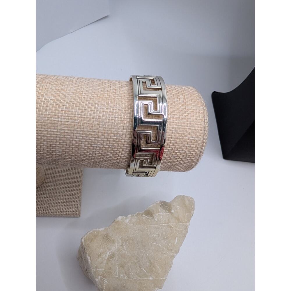 Brighton Silver Tone Greek Key Cuff Bracelet Adjustable 2.5 Inch Wide - Picture 6 of 9